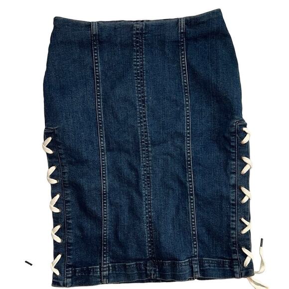 Free People Denim Shoelace Lace Up Pencil Skirt, Size 2 - Picture 1 of 6